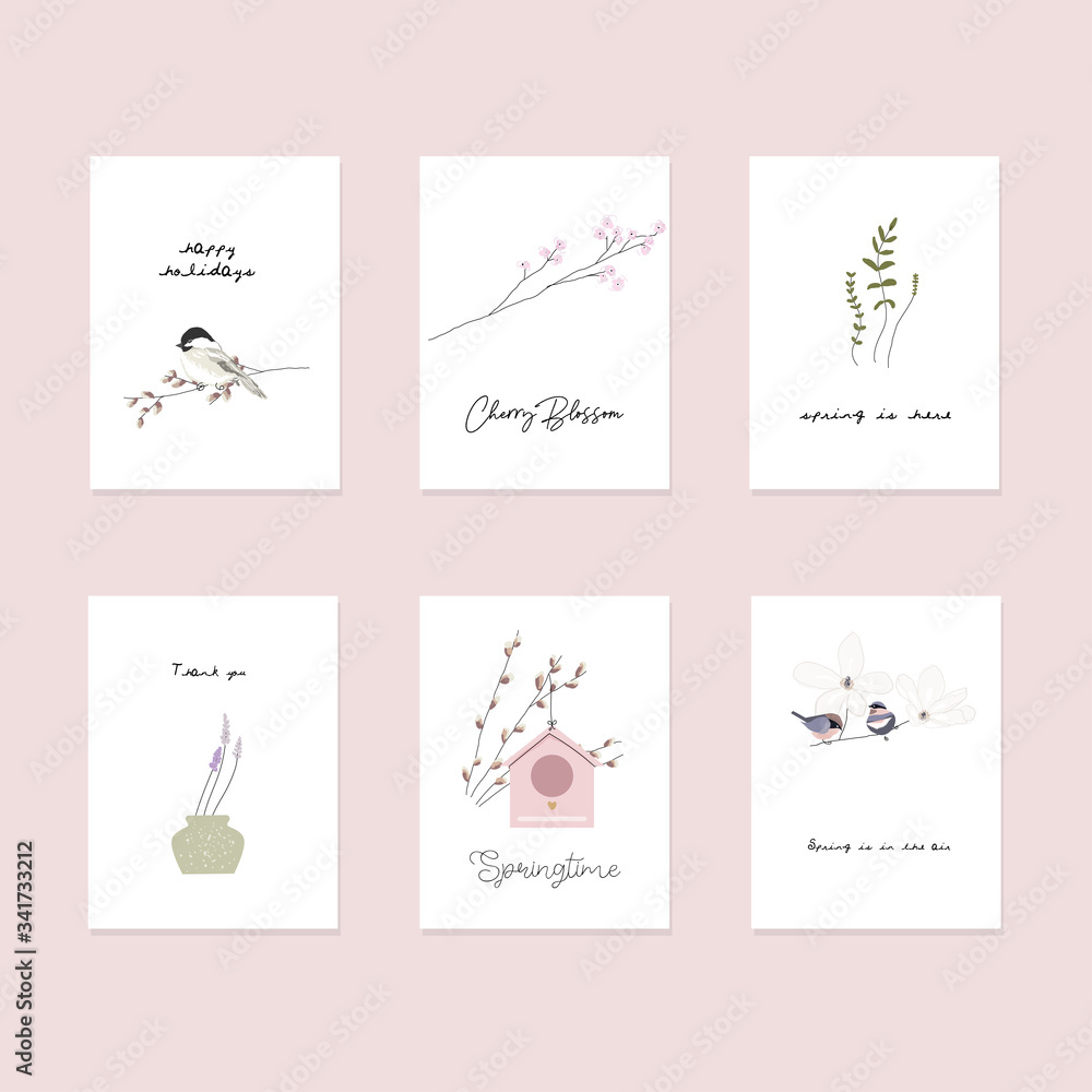 cute spring postcards with hand drawn springtime elements