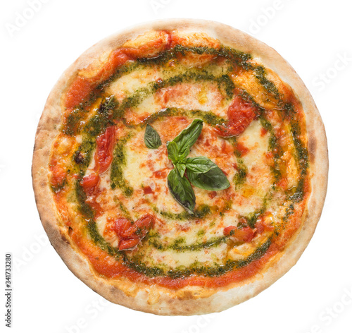pizza with cheese, tomato, basil and pesto sauce isolated over white background. Top view