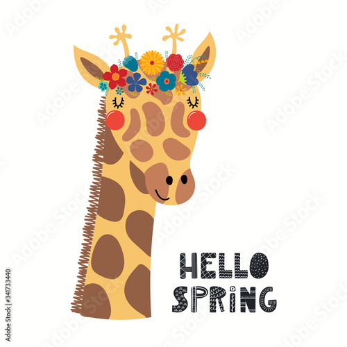 Hand drawn vector illustration of a cute giraffe face in a flower crown, with lettering quote Hello Spring. Isolated objects on white. Scandinavian style flat design. Concept for children print.