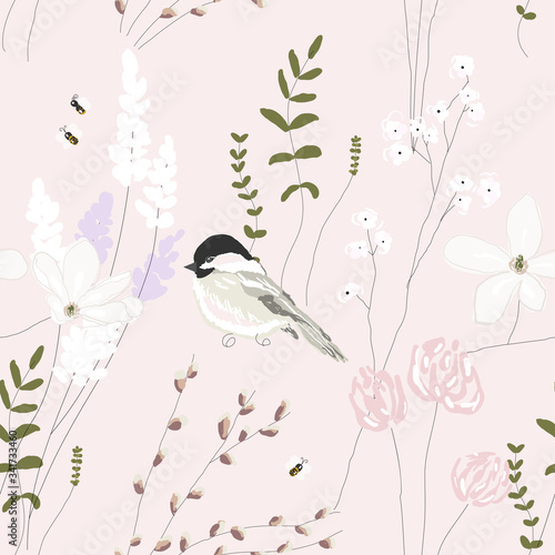 Spring garden seamless pattern with hand drawn springtime florals
