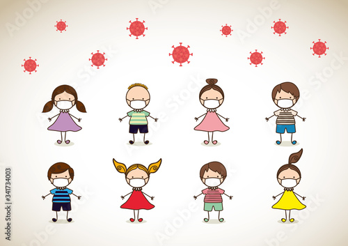 Boys and girls kids with masks against 2019 ncov virus vector design