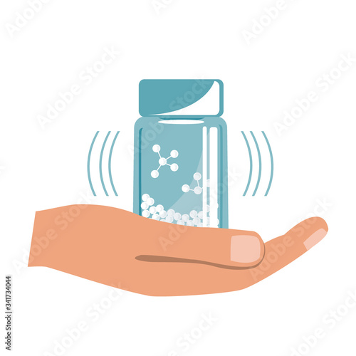 Hand with Homeopathy Medicines Bottle isolated on a White Background. Vector illustration