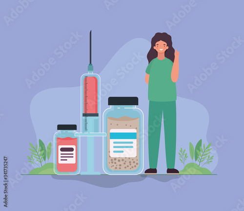 Woman doctor with medicine jars and injection against 2019 ncov virus vector design