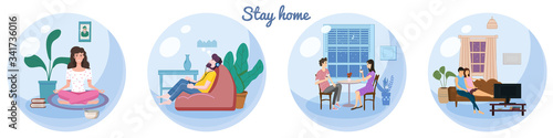 Set Stay home quarantine consept banners self isolation. Young couples and man and women sitting at home