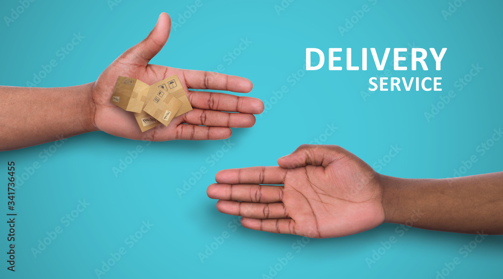 Obraz premium Shipment service collage. Delivery boy handing heap of parcels to his client, closeup. Panorama