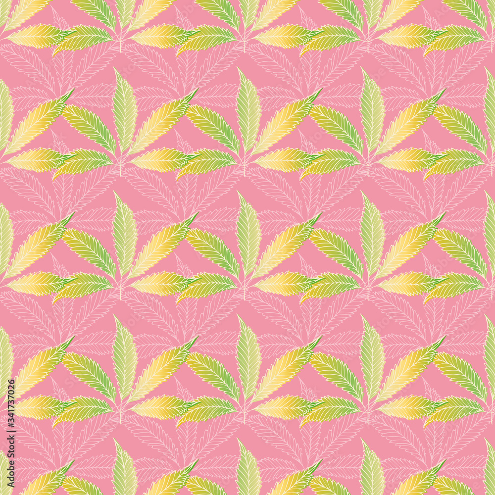 Cannabis leaves seamless vector pattern background. Hand drawn green and gold hemp foliage on pink backdrop. Stylish geometric marijuana design. All over print for wellness, health concept,packaging Cannabis leaves seamless vector pattern background. Hand drawn green and gold hemp foliage on pink backdrop. Stylish geometric marijuana design. All over print for wellness, health concept,packaging