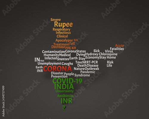 Concept of Corona Virus or COVID-19 related text cloud on the map of India