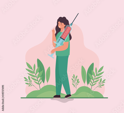 Woman doctor with injection against 2019 ncov virus vector design