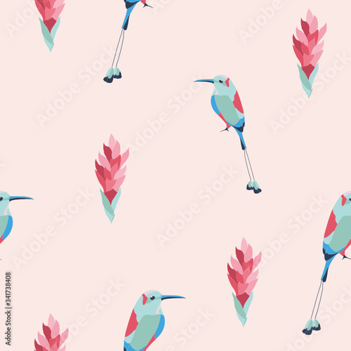 Vector seamless background with motmot birds and exotic flowers. Tropical pattern suitable for fabric, paper or web background design photo
