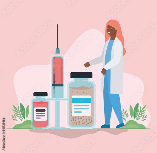 Woman doctor with medicine jars and injection against 2019 ncov virus vector design