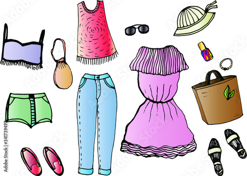 A set of women's summer clothes drawn by hand. Fashionable pink dress, shorts, blue trousers, red t-shirt, hat, shoes, bracelet, brown bag, sunglasses, nail varnish. Vector color illustration.  