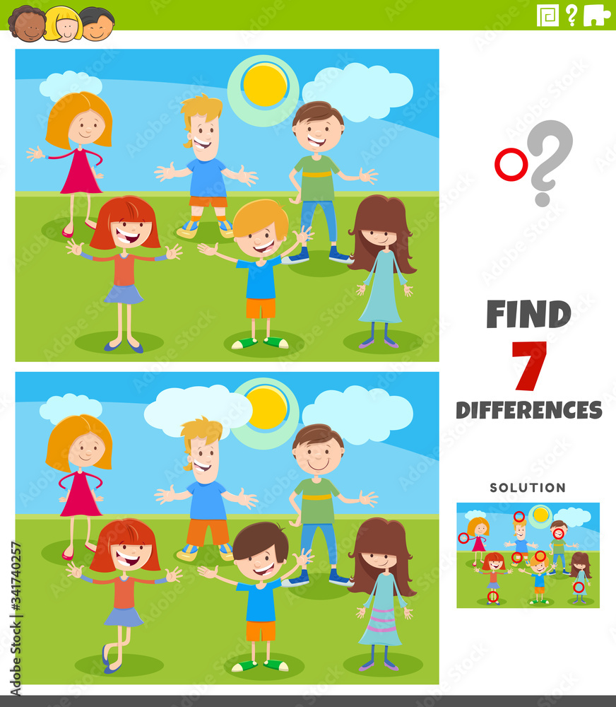 differences educational task with cartoon kids group