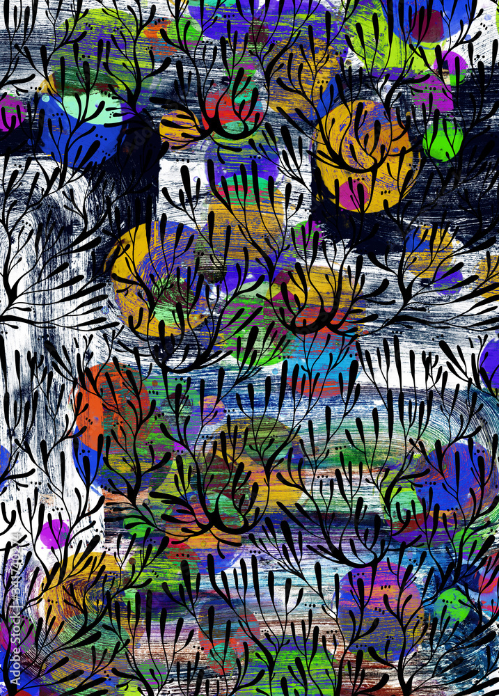 Vivid imprint of the paint blots concept in grunge style with coral seaweed in the ocean or tree branches. Vivid imprint of the paint blots concept in grunge style with coral seaweed in the ocean or tree branches.