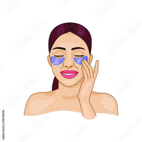 beautiful woman applying hydrogel eye patches to reduce wrinkles and swelling and get rid of dark spots. home spa salon cosmetic procedure. health and skin care. isolated vector illustration on white