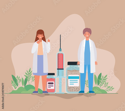 Woman and man doctor with medicine jars and injection against 2019 ncov virus vector design