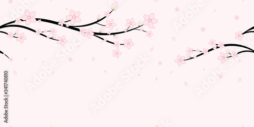 Seamless Japanese Cherry Blossoms and Branches Pattern background, Sakura flower vector illustration, Seamless backgrounds and wallpapers for fabric, packaging, Decorative print, Textile