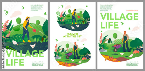 Vector spring and summer posters set. Happy Spring and summer. Farm and agriculture. Vector cute illustrations of village life and objects for poster, banner or postcard.