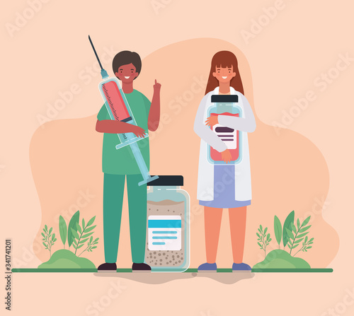 Woman and man doctor with medicine jars and injection against 2019 ncov virus vector design