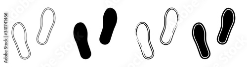 Flat linear design. Trail of footprints from a human foot in a shoe. Black and contour marks. Isolated vector elements.