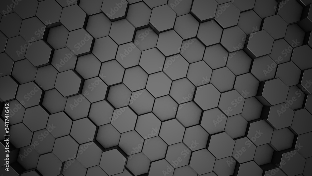 3D rendering of abstract hexagonal geometric black surfaces in virtual space 3D rendering of abstract hexagonal geometric black surfaces in virtual space
