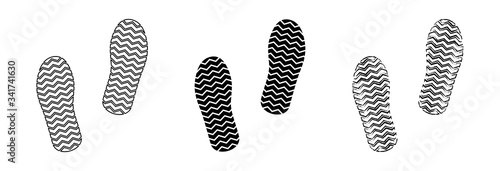 Flat linear design. Trail of footprints from a human foot in a shoe. Black and contour marks. Isolated vector elements.