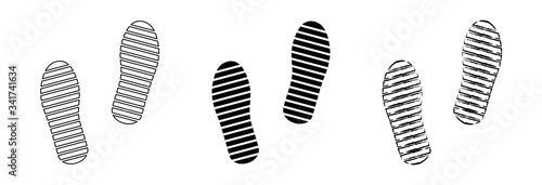Flat linear design. Trail of footprints from a human foot in a shoe. Black and contour marks. Isolated vector elements.