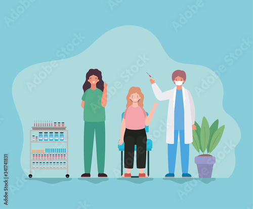 Woman vaccination and doctors with mask against 2019 ncov virus vector design