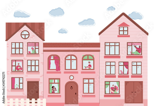 Pink buildings exterior with people in windows - flat vector illustration.