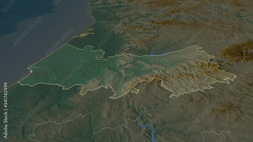 Coimbra, district with its capital, zoomed and extruded on the relief map of Portugal in the conformal Stereographic projection. Animation 3D Coimbra, district with its capital, zoomed and extruded on the relief map of Portugal in the conformal Stereographic projection. Animation 3D