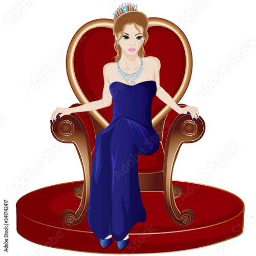 Queen in blue long dress sitting on a throne. Vectoe art