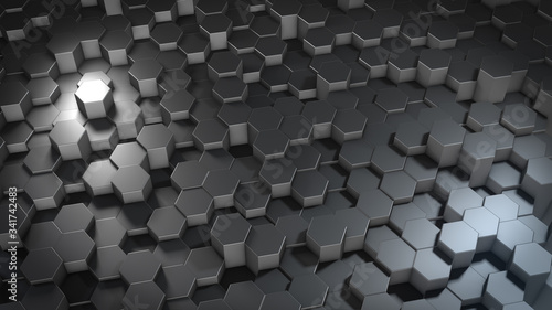 3D rendering of abstract hexagonal geometric metallic surfaces in virtual space © Vitaly