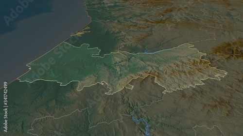 Coimbra, district with its capital, zoomed and extruded on the relief map of Portugal in the conformal Stereographic projection. Animation 3D
