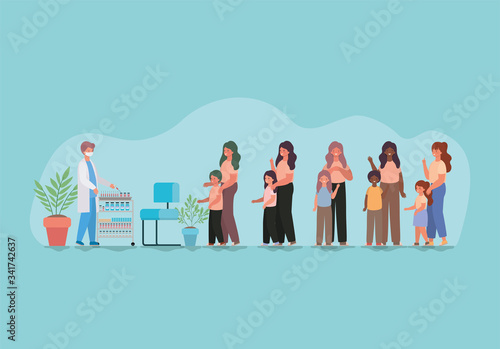 Mothers with kids vaccination and doctor with mask against 2019 ncov virus vector design