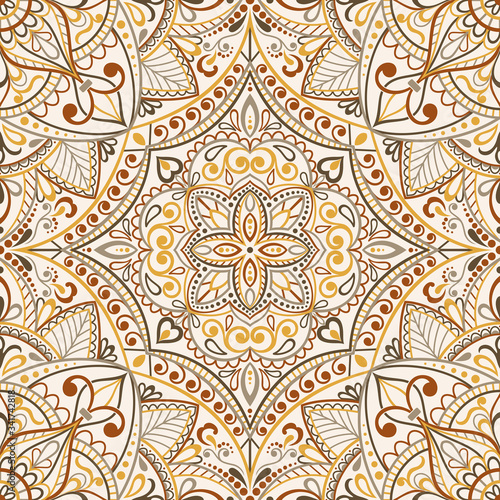 Seamless background  Eastern style. Mandala ornament. Arabic  Pattern. Elements of flowers and leaves. Vector illustration. Use for wallpaper, print packaging paper, textiles
