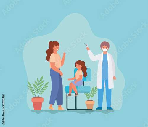 Girl kid with mother vaccination and doctor with mask against 2019 ncov virus vector design