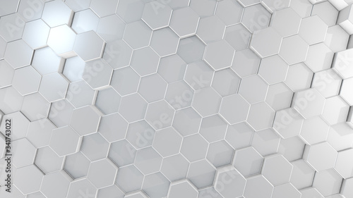 3D rendering of abstract hexagonal geometric white surfaces in virtual space
