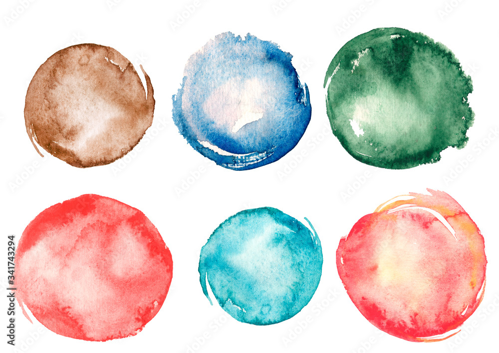 Round watercolor spots. Watercolor background. Colorful confetti, cracker, balls, soap bubbles. round abstract spot. Watercolor splash. Illustration of  circles with uneven grunge, round multicolored.