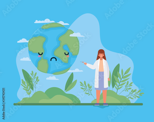 Woman doctor with injection and world against 2019 ncov virus vector design