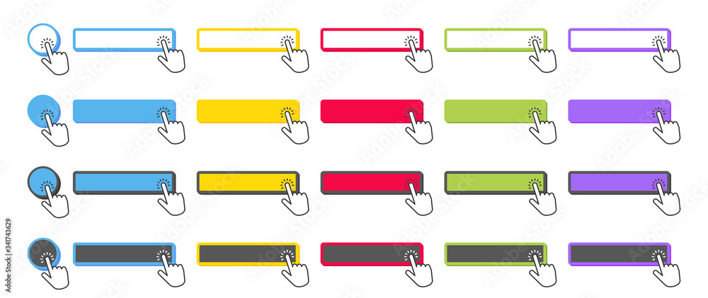 Click button. Collection cursor pointer clicking on buttons, pointing hand clicks and color web ui buttons. Vector Click button. Collection cursor pointer clicking on buttons, pointing hand clicks and color web ui buttons. Vector