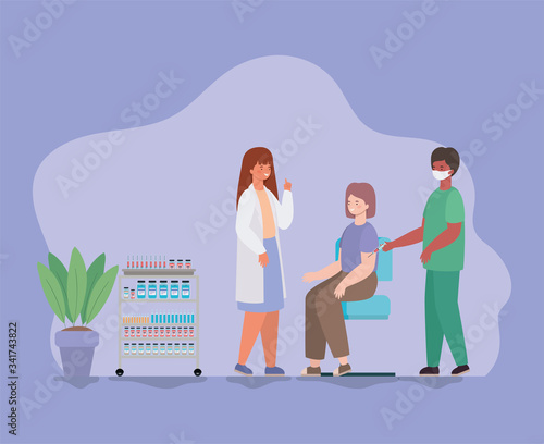 Woman vaccination and doctors with mask against 2019 ncov virus vector design