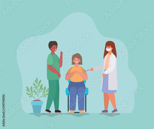 Woman vaccination and doctors with mask against 2019 ncov virus vector design