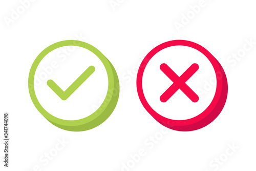 Check mark label. Green and red colors. Yes or no 3D buttons.Vector