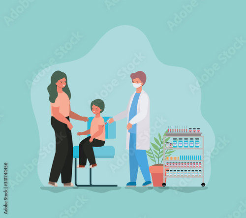 Boy kid with mother vaccination and doctor with mask against 2019 ncov virus vector design
