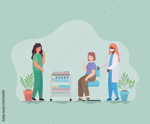 Woman vaccination and doctors with mask against 2019 ncov virus vector design