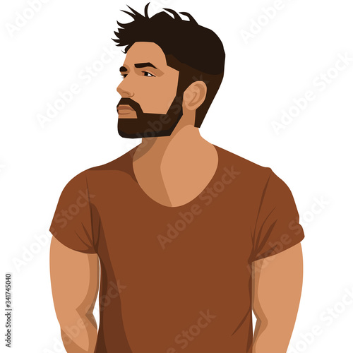 Flat Vector Illustration Strong Attractive Man with Beard and Trendy Hair Looking to the Side