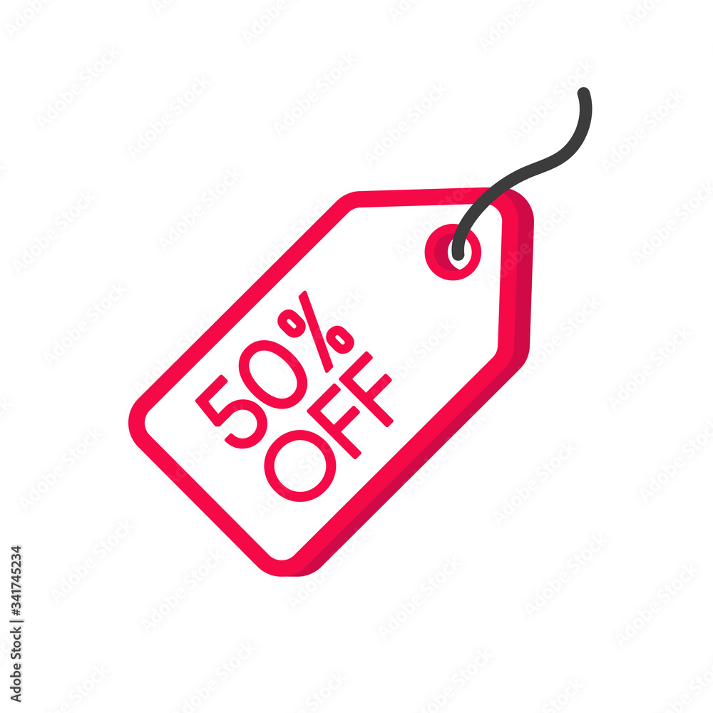 Red 3D label 50% discount on a white background. Vector