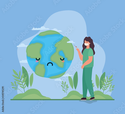 Woman doctor with injection and world against 2019 ncov virus vector design