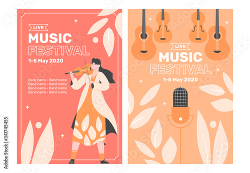 Two poster templates for a music festival. Girl with a violin, a guitar and a microphone. Classical and rock music, performances by musicians and singers. Summer fun. Vector flat.