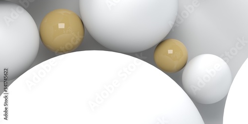 Fototapeta Naklejka Na Ścianę i Meble -  Abstract background with 3d spheres. Golden and white bubbles. Vector illustration of balls textured with halftone pattern. Jewelry cover concept. Horizontal banner. Decoration element for design