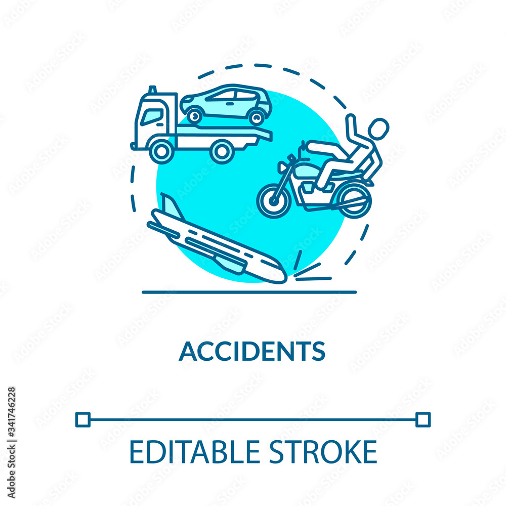 Accidents, road and air catastrophes concept icon. Injury causes, airplane crash, traumatism factor idea thin line illustration. Vector isolated outline RGB color drawing. Editable stroke